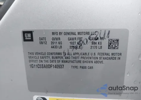 2013 Chevrolet Malibu 1Lt z USA, uszkodzony, nr VIN 1G11C5SA8DF140937